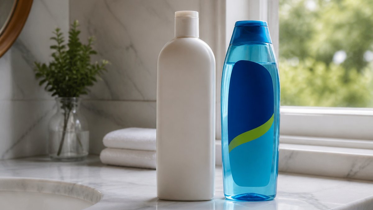 Close-up of two shampoo bottles displayed on a marble bathroom counter, one premium salon brand with sleek packaging and one drugstore brand with colorful label, morning natural light streaming through window