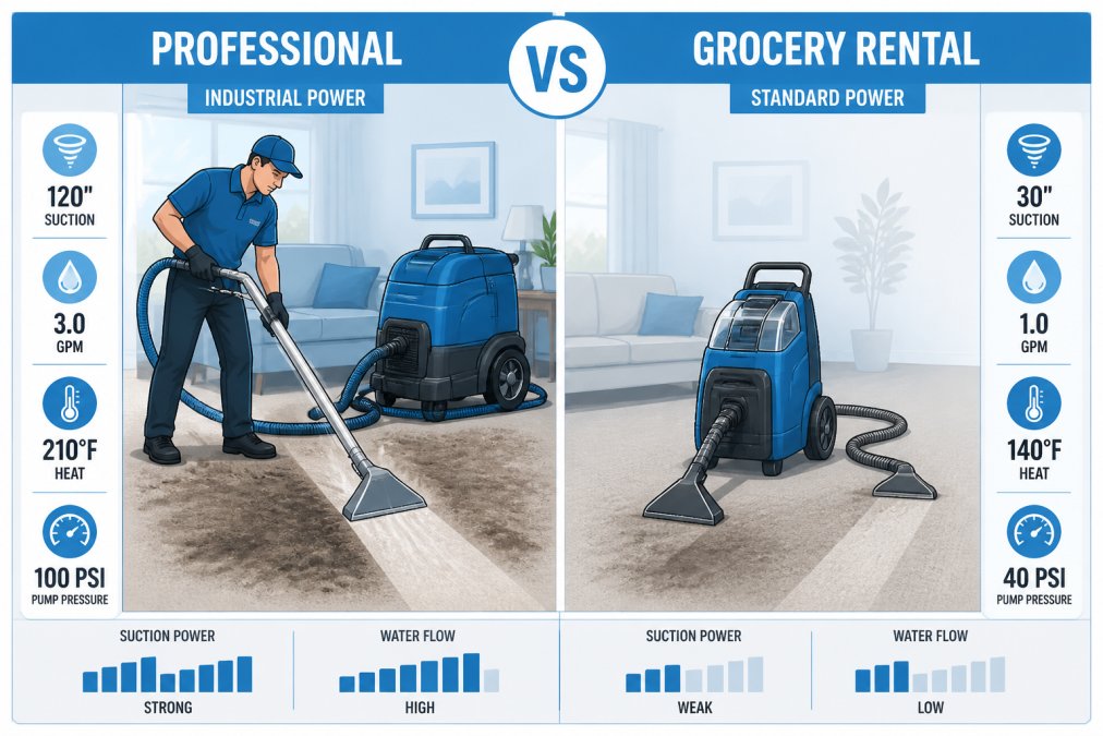 Professional carpet cleaning technician operating industrial hot water extraction equipment on heavily soiled residential carpet in a living room, showing the large machine's size and power compared to a standard rental unit visible in the background