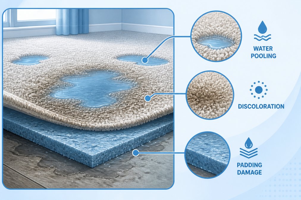 Close-up of damp residential carpet showing water pooling in low spots and visible discoloration from over-wetting, with carpet padding showing moisture damage underneath