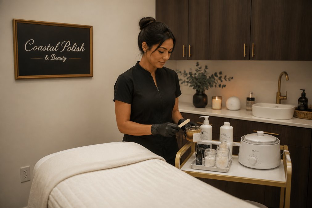 A serene, clean spa treatment room with a professional aesthetician in gloves preparing waxing supplies beside a comfortable treatment bed