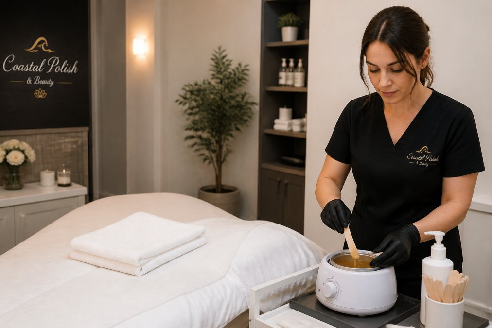 Licensed esthetician preparing warm wax in a serene treatment room for a professional waxing appointment