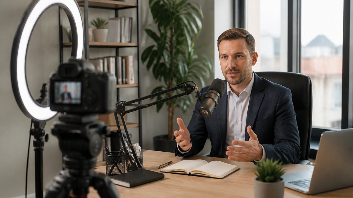 Professional presenter seated at modern desk with quality microphone on articulated arm, camera on tripod positioned at eye level, ring lighting providing even illumination, dual monitors displaying presentation slides and recording software interface