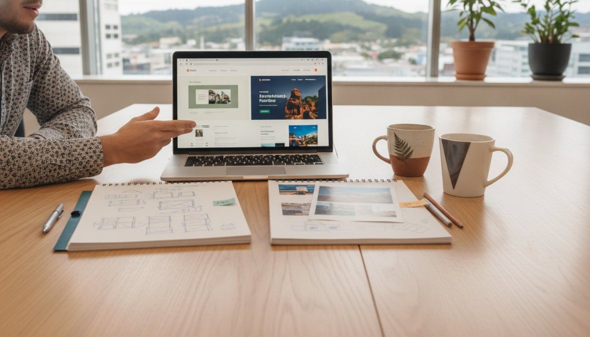 Web designer and client collaborating at a desk, reviewing website mockups on a laptop screen in a modern Auckland office with large windows and natural daylight
