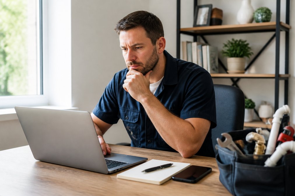 A plumbing contractor in a work uniform reviewing website options on a laptop in a bright home office, phone and notepad on the desk beside him, natural window light