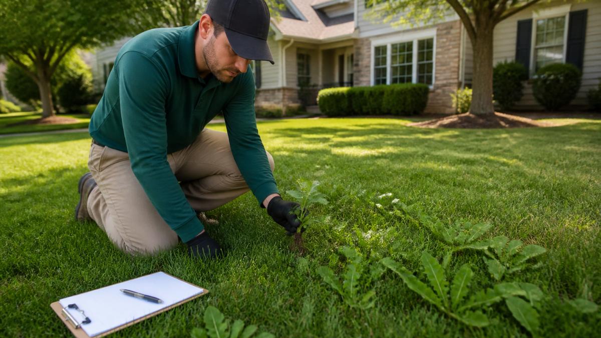 A lawn care technician in work clothes kneeling on a residential lawn, inspecting a patch of broadleaf weeds with a clipboard nearby, suburban house and trees in the background