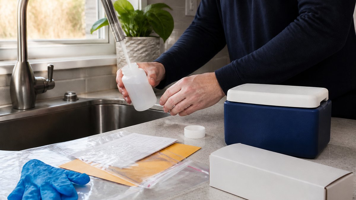 Hands carefully collecting a sample from a kitchen faucet for well water testing services into a sterile bottle.