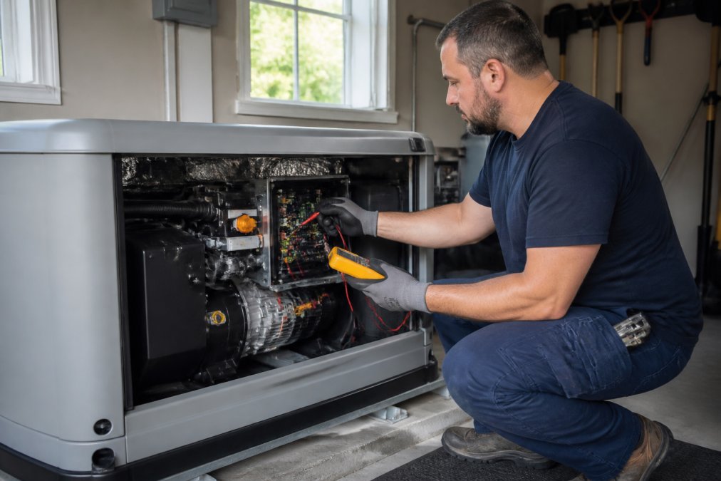 Licensed technician performing electrical diagnostics on standby generator control panel with multimeter in residential garage setting, natural daylight through window
