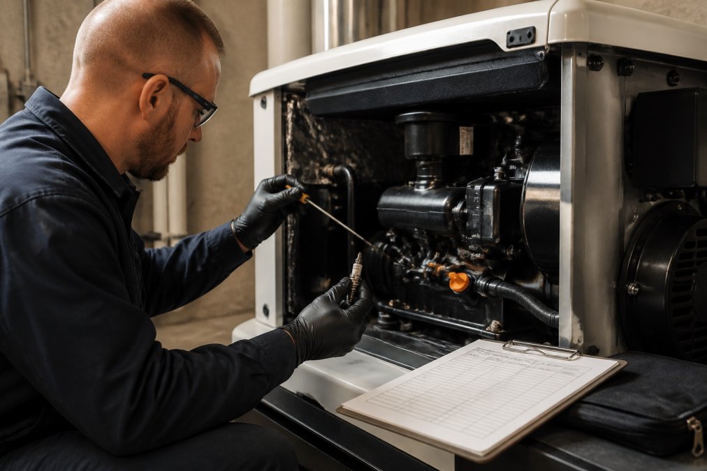 Technician in work gloves checking oil dipstick and inspecting spark plug during annual standby generator service in residential basement, checking maintenance log