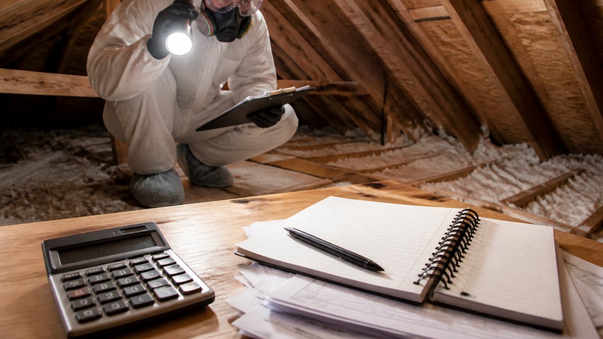 A wildlife control technician in protective coveralls and a respirator inspecting a dim attic with a flashlight, roof beams and blown insulation visible, holding a clipboard