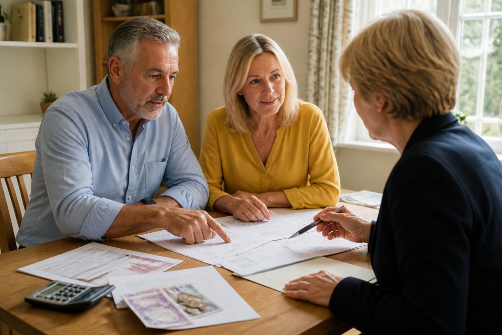 A couple in their fifties sitting at a wooden dining table reviewing paperwork with a professional adviser, warm natural light through a window, calm and reassuring atmosphere