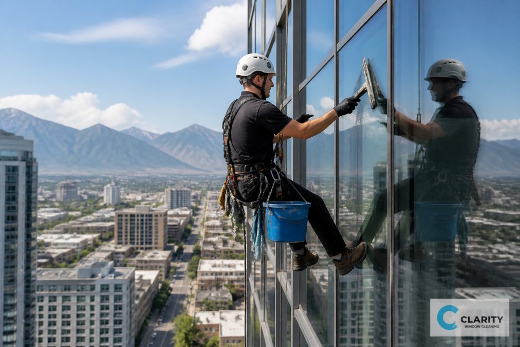 Professional window cleaning technician suspended on safety harness cleaning exterior windows of modern office tower during daytime