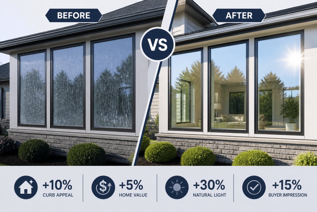 Split-view photograph showing residential home exterior on left with visibly dirty windows covered in hard water stains and mineral deposits, and the same home on right with crystal-clear, sparkling windows reflecting bright sunlight and natural light flooding through the glass