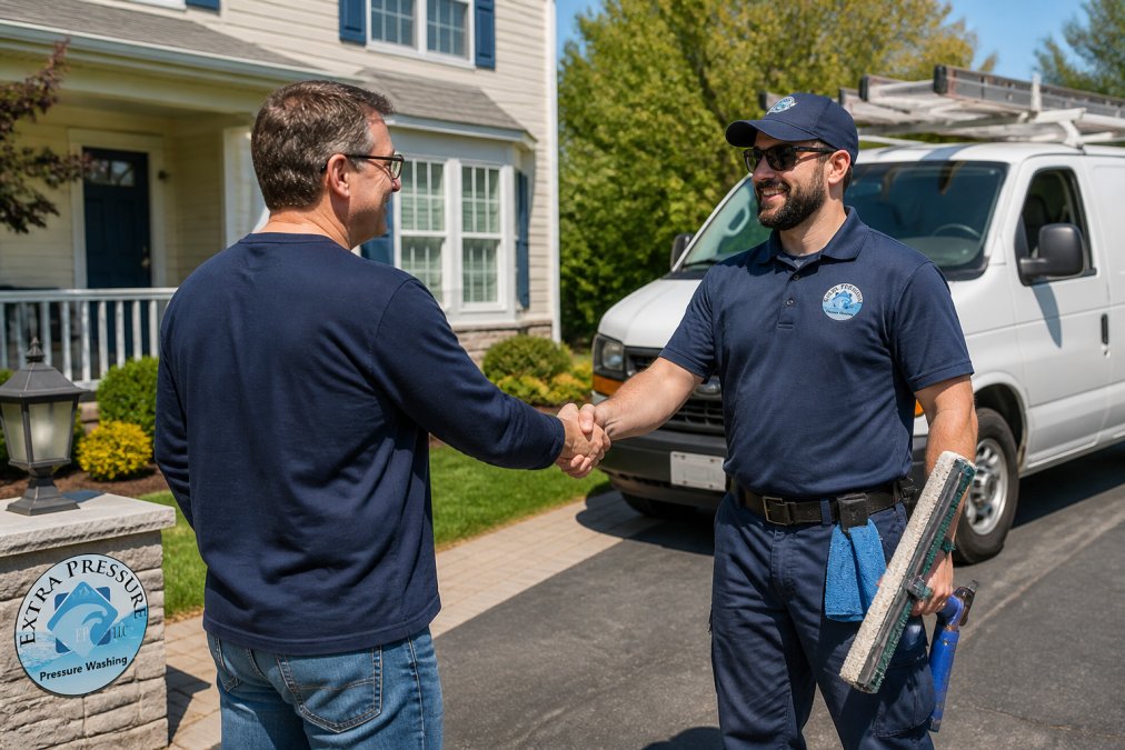 A homeowner shaking hands with a uniformed window cleaning technician in front of a house, with a branded service van and ladder visible in the driveway
