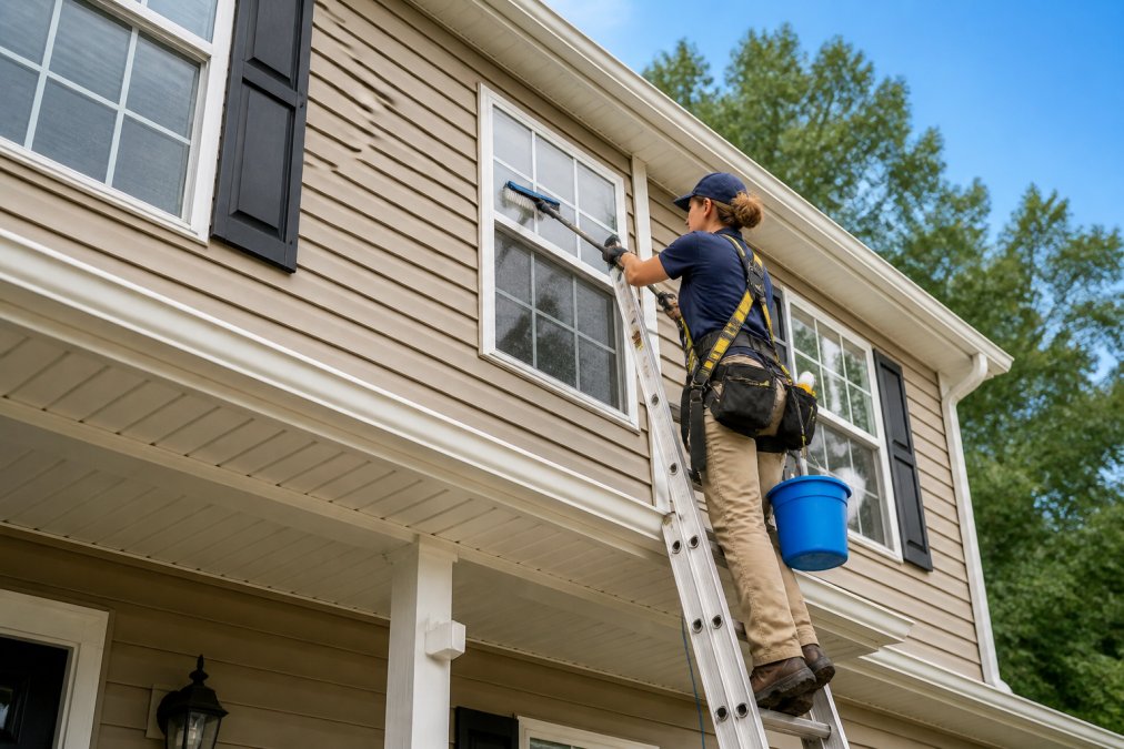 Professional window cleaner on sturdy ladder safely cleaning upper-story residential windows with proper safety harness and professional equipment, bright daylight illuminating the work