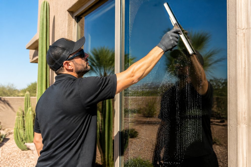 A professional window cleaner using a squeegee on a large residential window, with a clear blue sky and desert landscaping visible in the reflection