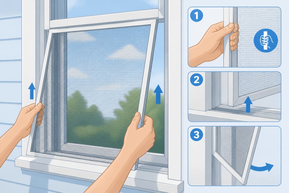 Hands carefully removing a residential window screen frame from the window track, showing proper grip technique with natural daylight