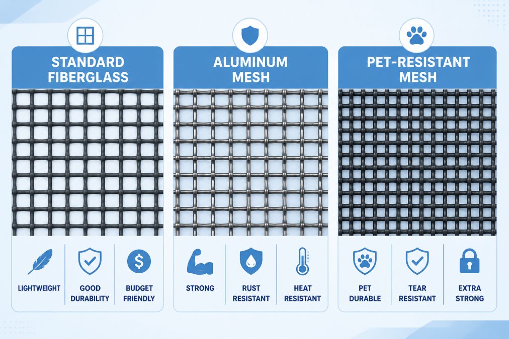 Close-up of three different screen mesh materials laid flat side by side showing texture and weave patterns, standard fiberglass, aluminum, and pet-resistant mesh