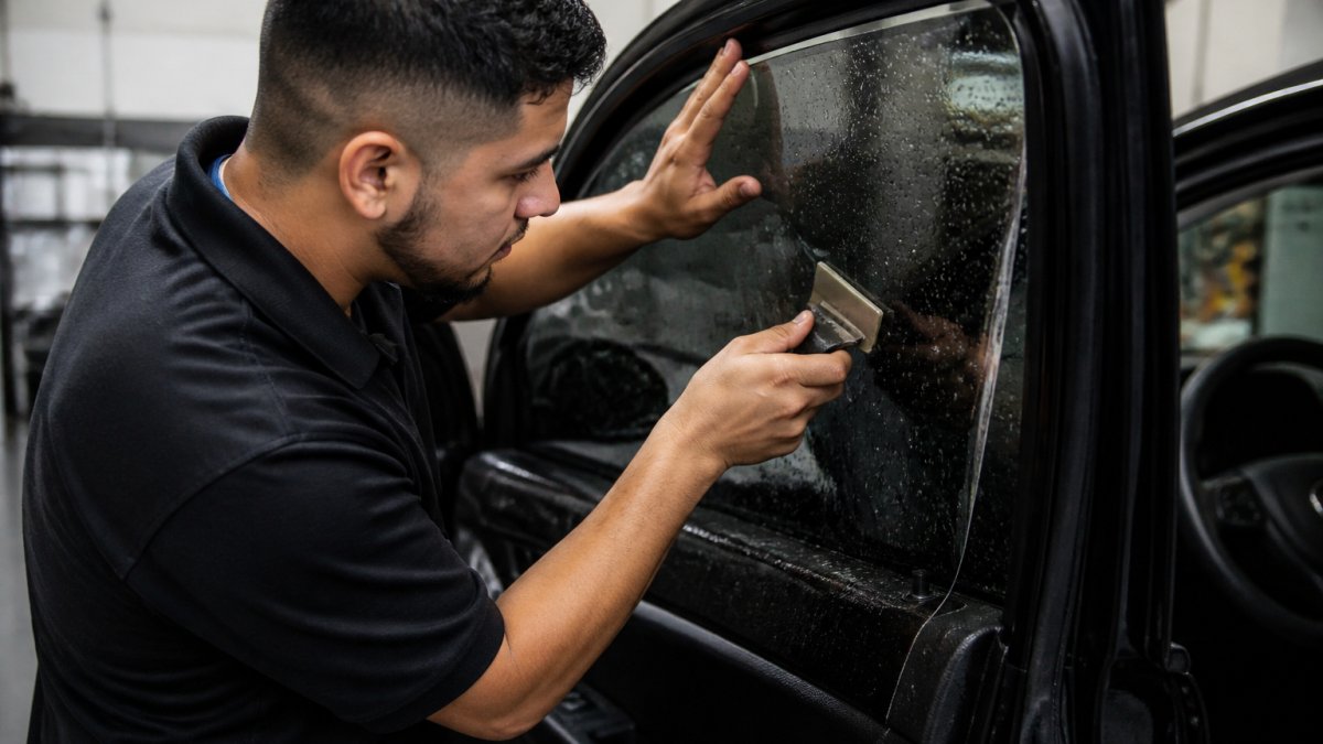 Professional technician carefully applying ceramic window tint film to a vehicle window with precision, using a squeegee to eliminate air bubbles, showing meticulous attention to detail in a controlled installation environment