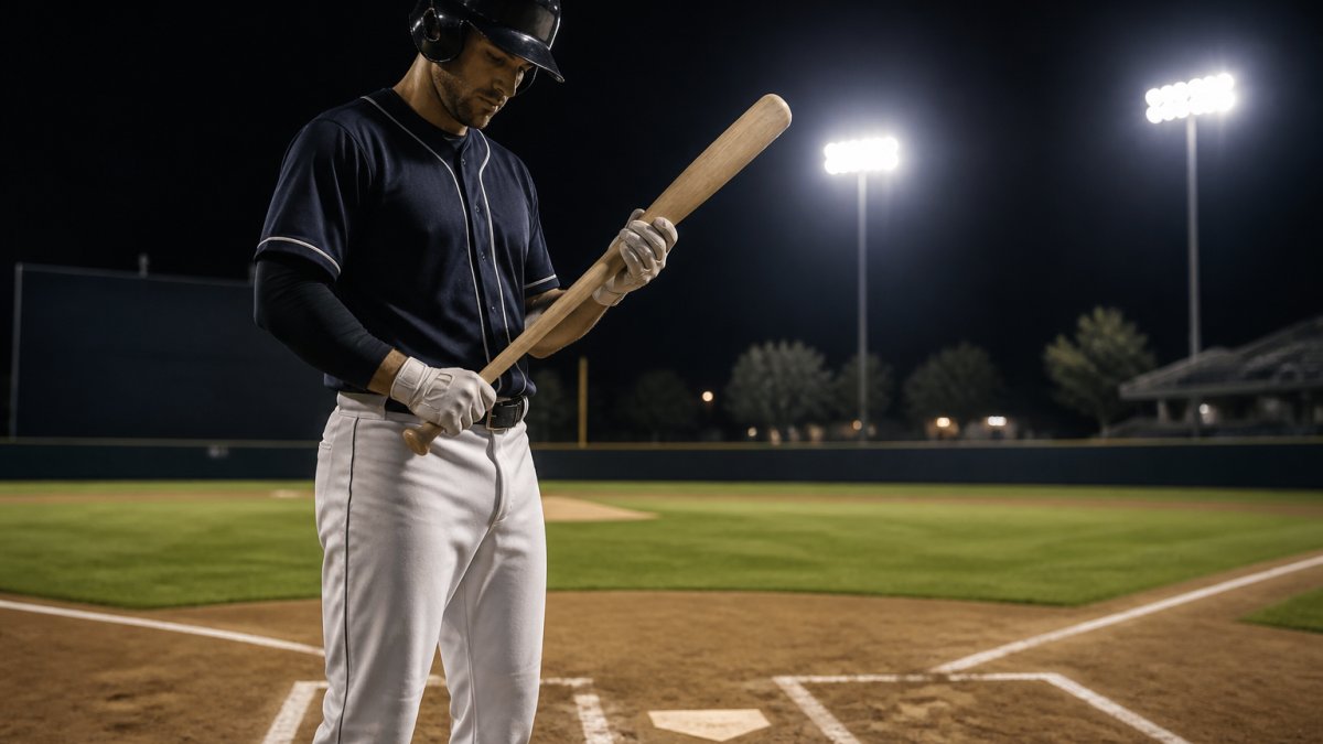 Baseball player gripping a wooden bat at home plate under stadium lights before his swing