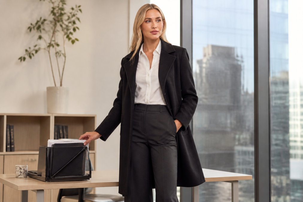 Professional tall woman in office setting wearing dark tailored trousers, white button-up shirt tucked at waist, structured blazer, and black wool statement coat with sharp lapels, standing confidently at modern desk with natural window lighting