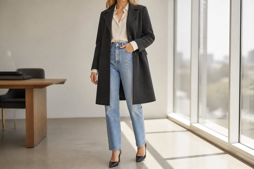 Close-up detail shot of tall woman's professional outfit showing high-waisted jeans with proper inseam length at ankle, tucked cream blouse, and blazer with correct sleeve length showing quarter-inch shirt cuff, captured in bright office environment with natural lighting