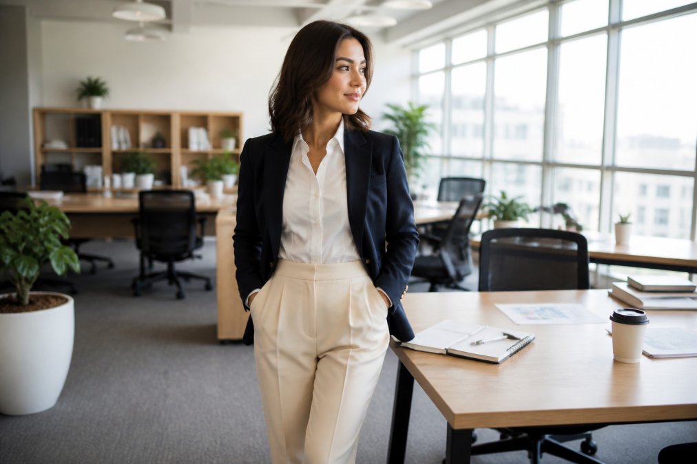 Professional woman wearing tailored navy blazer with high-waisted cream trousers and structured white button-up shirt, standing in bright modern office environment with natural window lighting