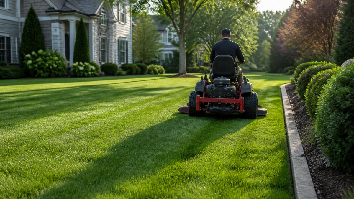 Landscaper using a zero-turn mower to provide professional yard care services on a neatly edged residential lawn.