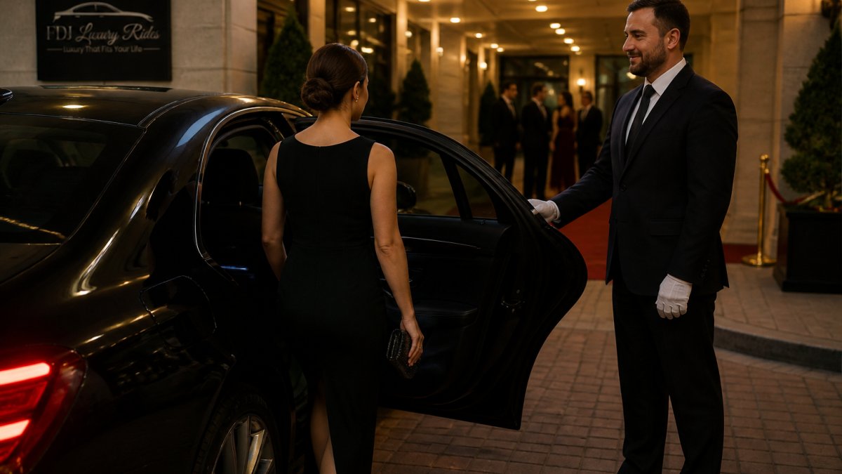 Chauffeur in a suit holds a luxury car door, reflecting professionalism, punctuality, and special occasions.