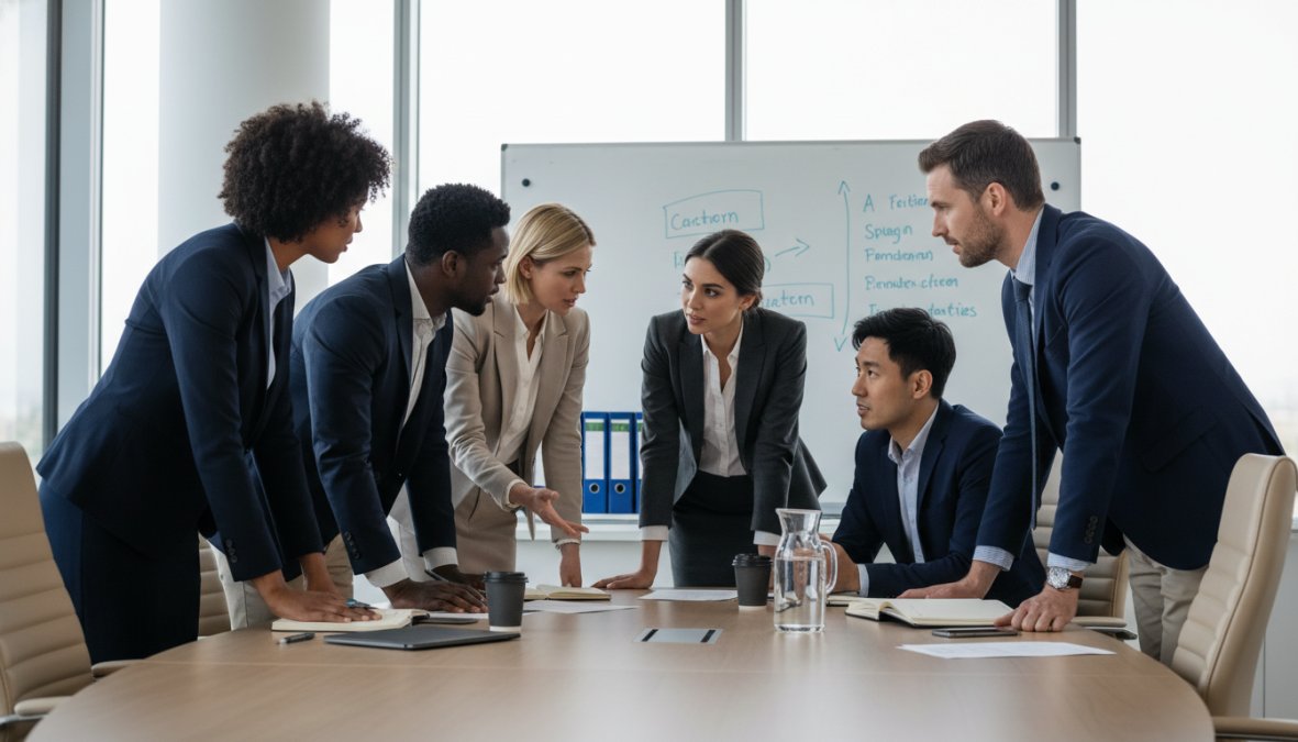 A diverse group of healthcare and office professionals seated around a bright conference table, attentively engaged in a collaborative discussion, dressed in neat business attire, with one person standing at a whiteboard in a modern meeting room