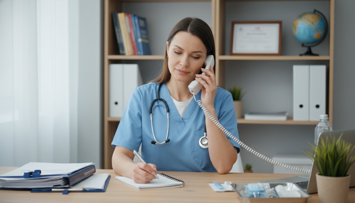 A medical professional seated at a tidy desk, speaking calmly on the phone while taking notes in a clean, well-lit clinical office workspace, conveying composure and focus