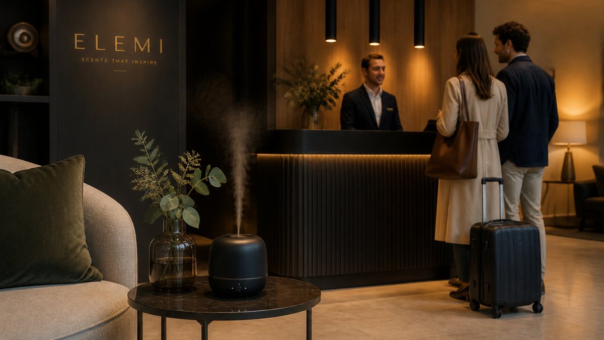 Elegante lobby van een boetiekhotel met een subtiele geurverspreider op een bijzettafeltje, warme verlichting en gasten die ontspannen inchecken