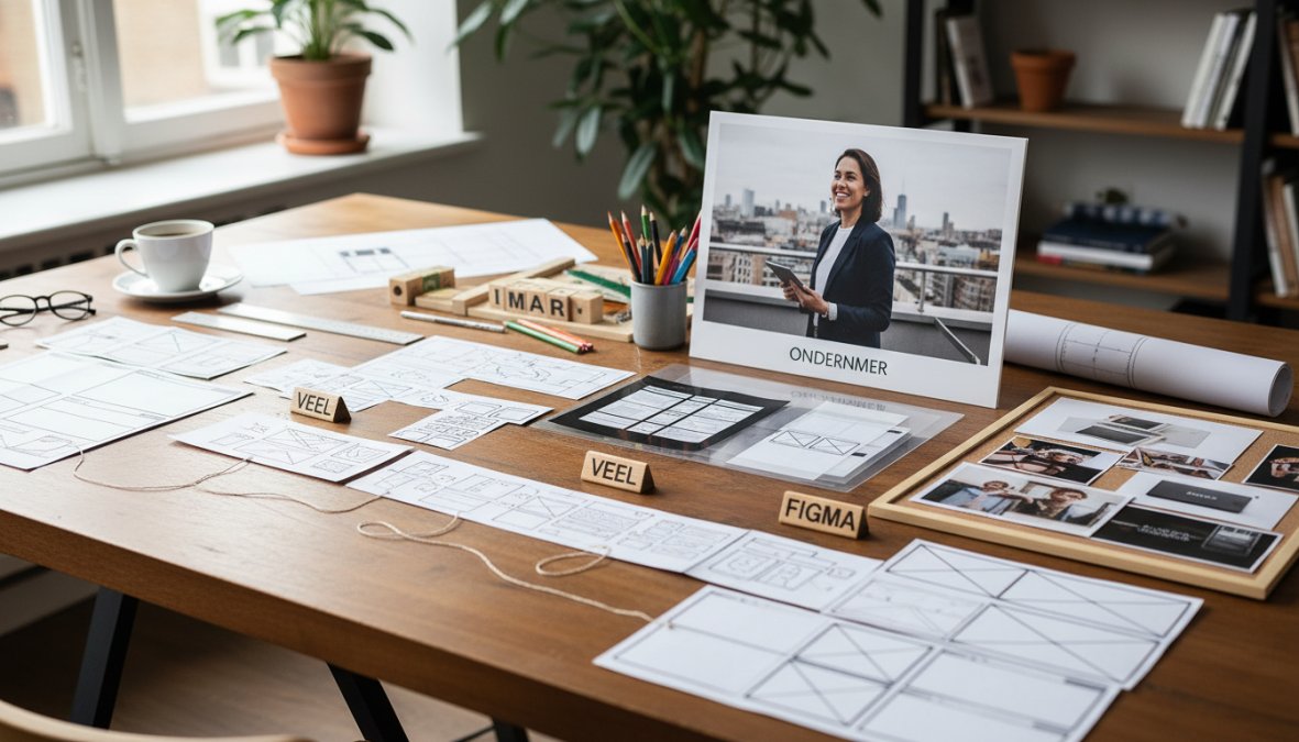 Ondernemer en webdesigner werken samen aan een laptop op een lichte werkplek, met productfoto's en notities op tafel naast hen