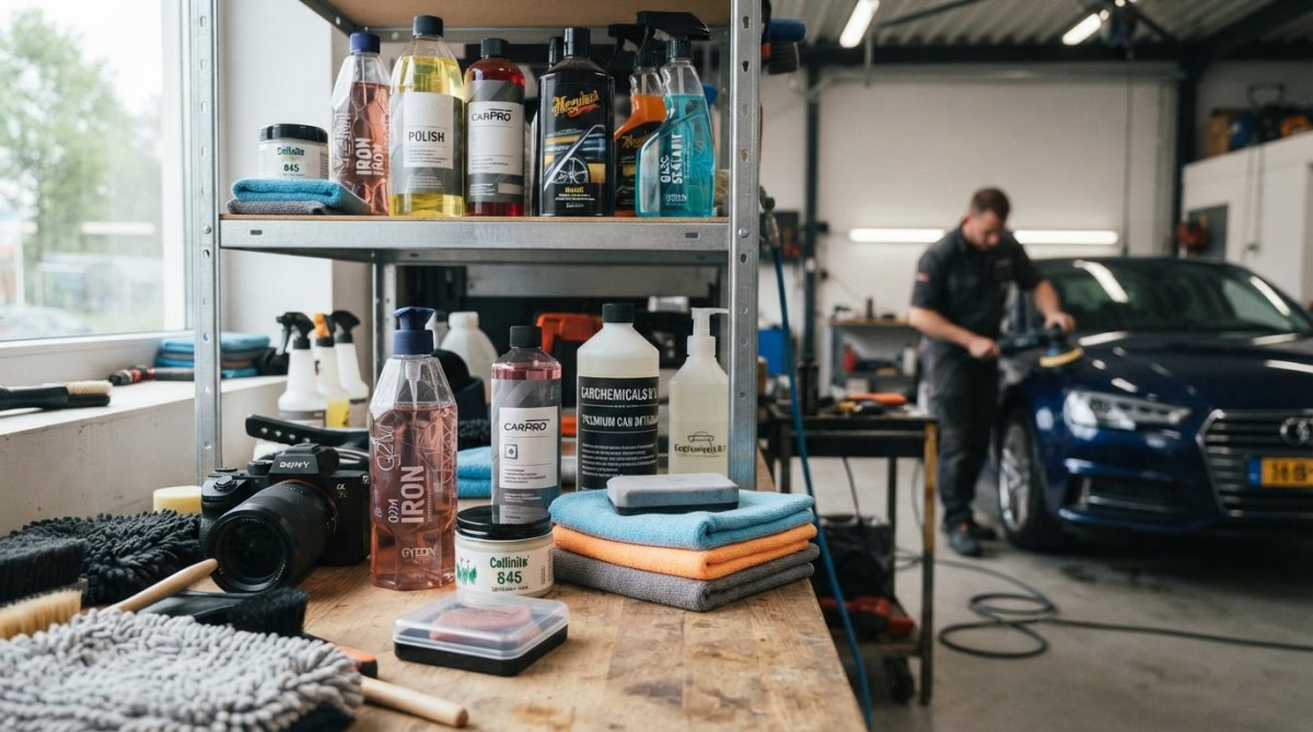 Professionele auto detailingproducten netjes uitgestald op werkblad: microvezeldoeken, polijstmiddelen, waxen en sealants in verschillende flessen en containers
