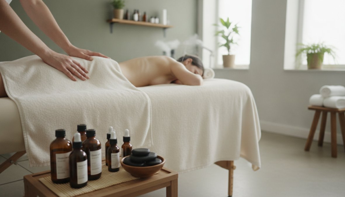 Professionele wellness-praktijk interieur met moderne behandelapparatuur, warme verlichting en rustgevende ambiance in Schilde-locatie