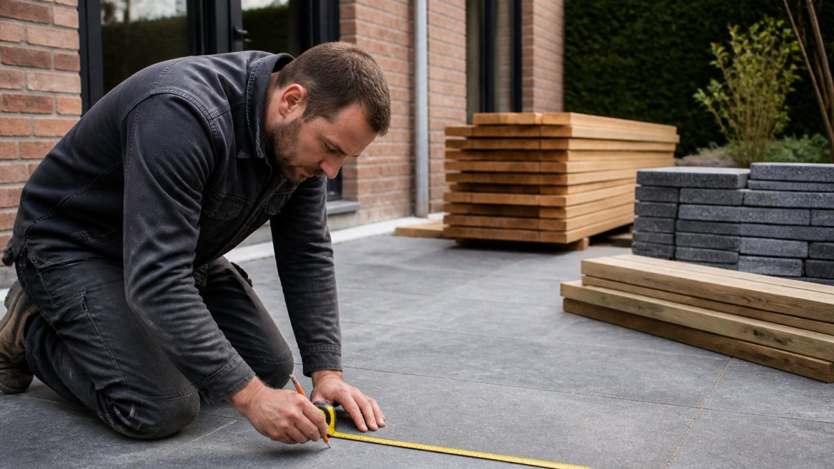 Vakman meet en markeert een terras voor buitenaanleg en schrijnwerk met een potlood en meetlint.