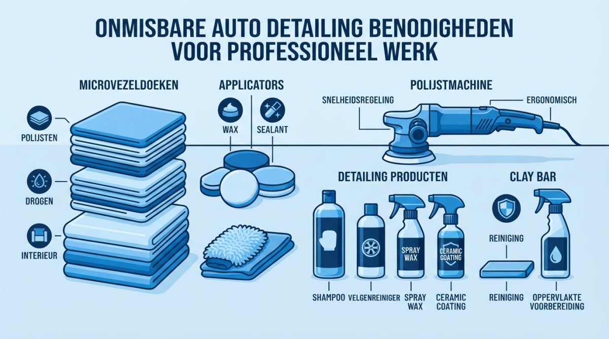 Close-up van professionele detailing producten, polijstmachine en microvezeldoeken uitgestald op een werkbank voor auto-on...
