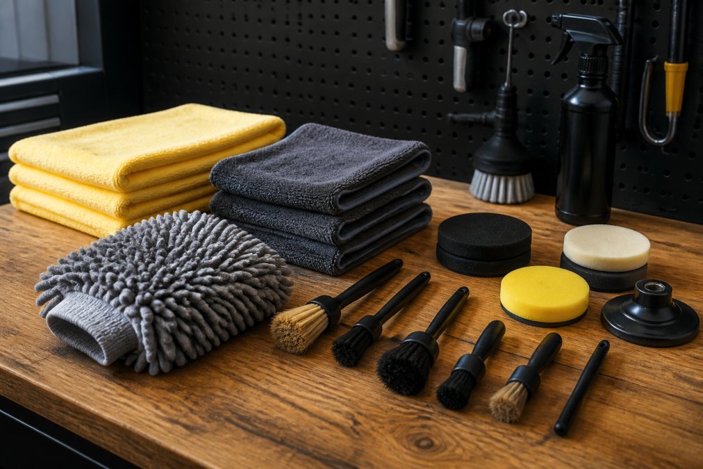 Professionele detailing gereedschappen uitgelegd op een werkbank: washandschoenen, microvezel droogdoeken, zachte borstels en applicator pads in detail, natuurlijke werkplaatsverlichting