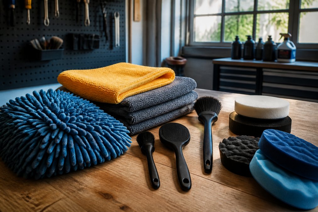 Professionele detailing producten voor thuisgebruik zoals washanden en borstels netjes uitgestald op een werkbank.