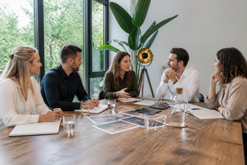 Groep eventorganisatoren in moderne vergaderruimte, zittend rond tafel met notitieblokken en laptop, plannen en bespreken jubileumevenement, natuurlijk licht van grote ramen