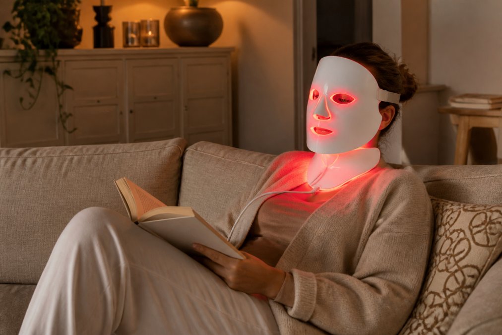 Een vrouw ontspant op een bank thuis terwijl ze het LED-lichtmasker op haar gezicht draagt. Ze leest een boek, de kamer is rustig en huiselijk verlicht. De LED-lampjes in het masker gloeien zachtjes rood.