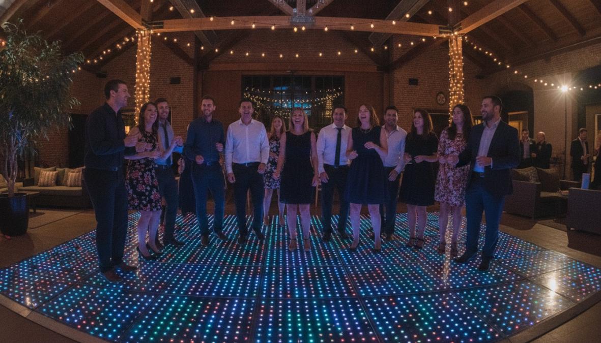 Groep dansende gasten op een verlichte LED dansvloer met levendige RGB-kleuren die in golven over de vloer stromen, mensen genieten zichtbaar van de sfeer onder warm en koud licht