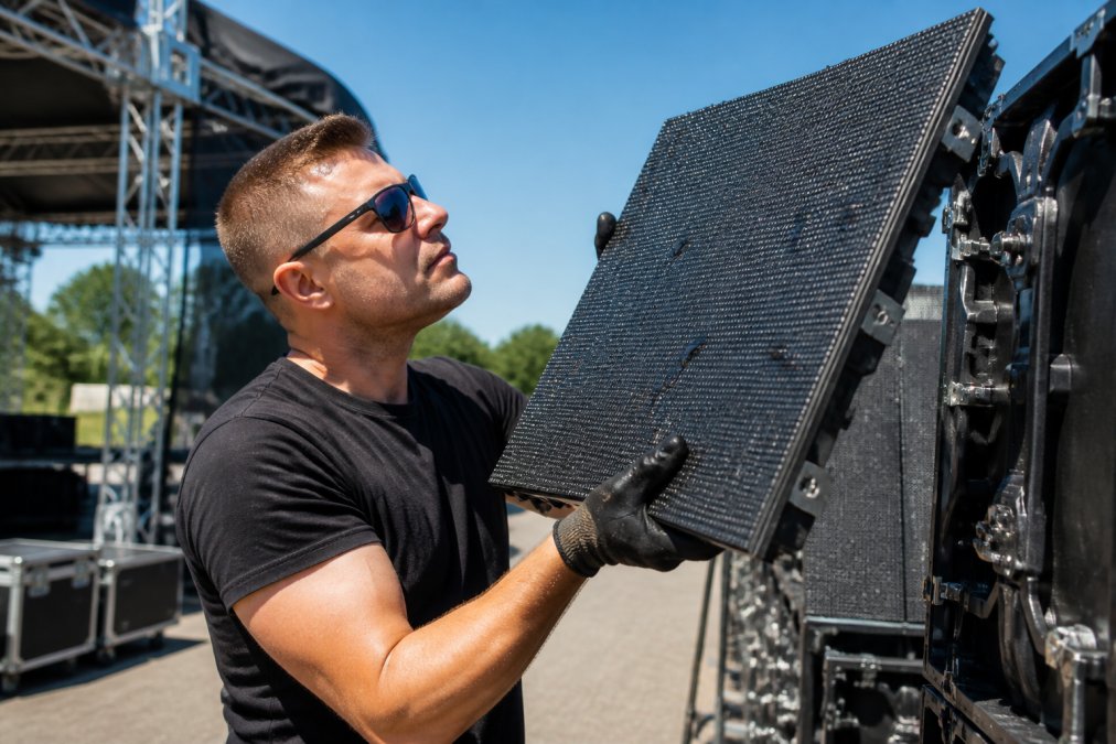 Professionele technicus die een outdoor LED-schermmodule met beschermende coating inspecteert onder heldere zomerzon op een evenemententerrein