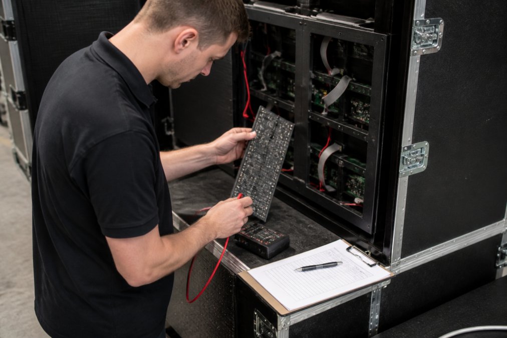 Technicus die een LED-schermmodule voorzichtig uit de frame verwijdert en door een tester voert terwijl hij aantekeningen maakt op een werkblad