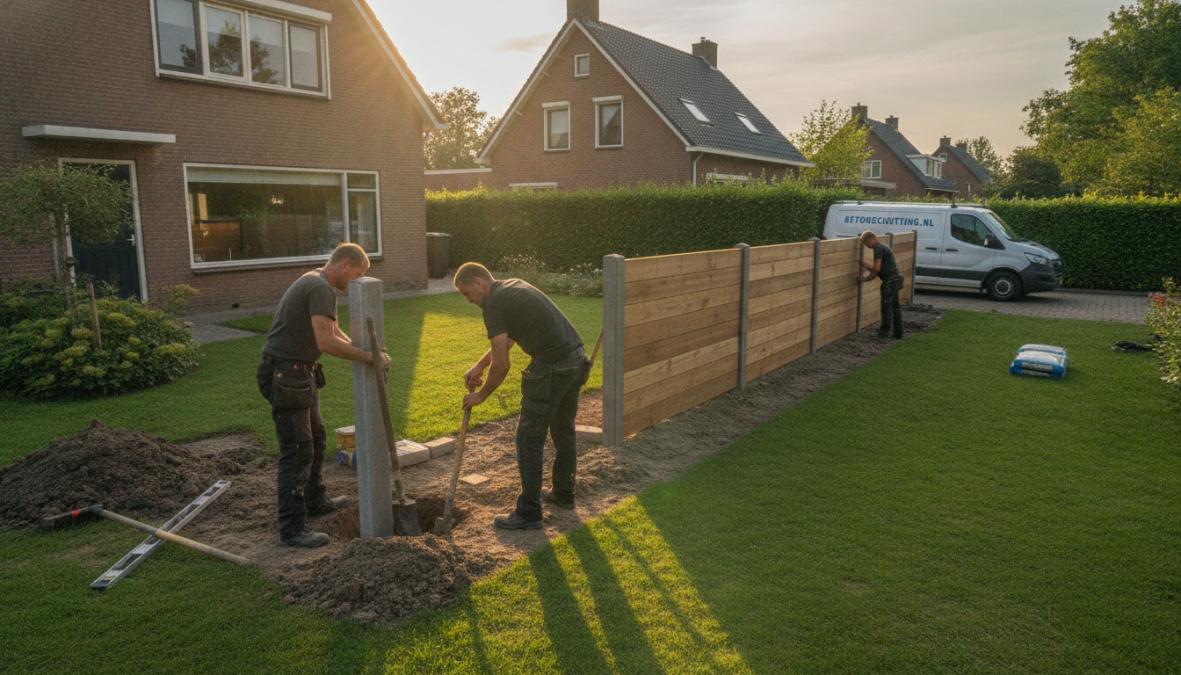 Ervaren monteurs meten nauwkeurig een tuinafscheiding uit in een Eindhovense achtertuin, met meetlint en waterpas tegen de gevel, in ochtendlicht