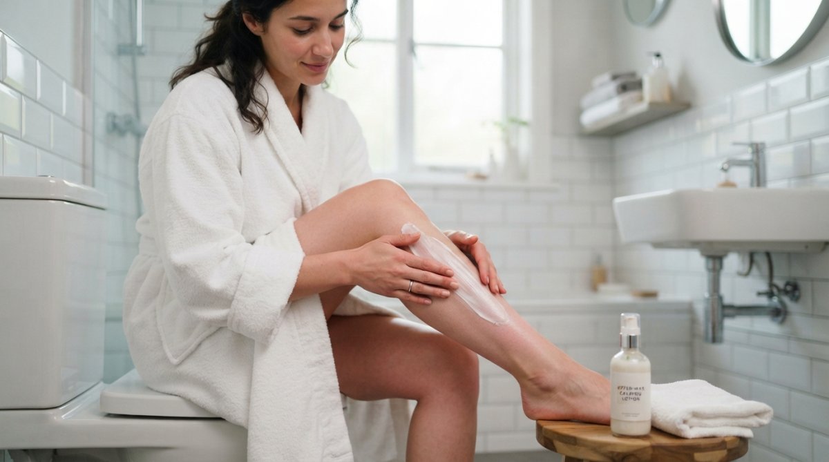 Close-up van een vrouw die een kalmerende lotion aanbrengt op haar benen na een waxbehandeling, in een schone en comfortabele badkameromgeving met natuurlijk licht