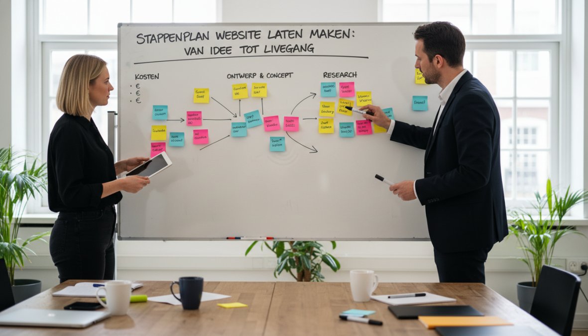 Een klein team van twee mensen dat samenwerkt aan een whiteboard vol post-its en aantekeningen over een websiteproject, in een lichte moderne werkruimte met houten tafels en grote ramen