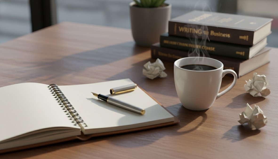 Professionele website teksten laten schrijven: complete gids 1 Een professionele copywriter typt geconcentreerd op een laptop aan een opgeruimd bureau met een notitieboekje en koffie, helder natuurlijk licht in een moderne thuiskantooromgeving