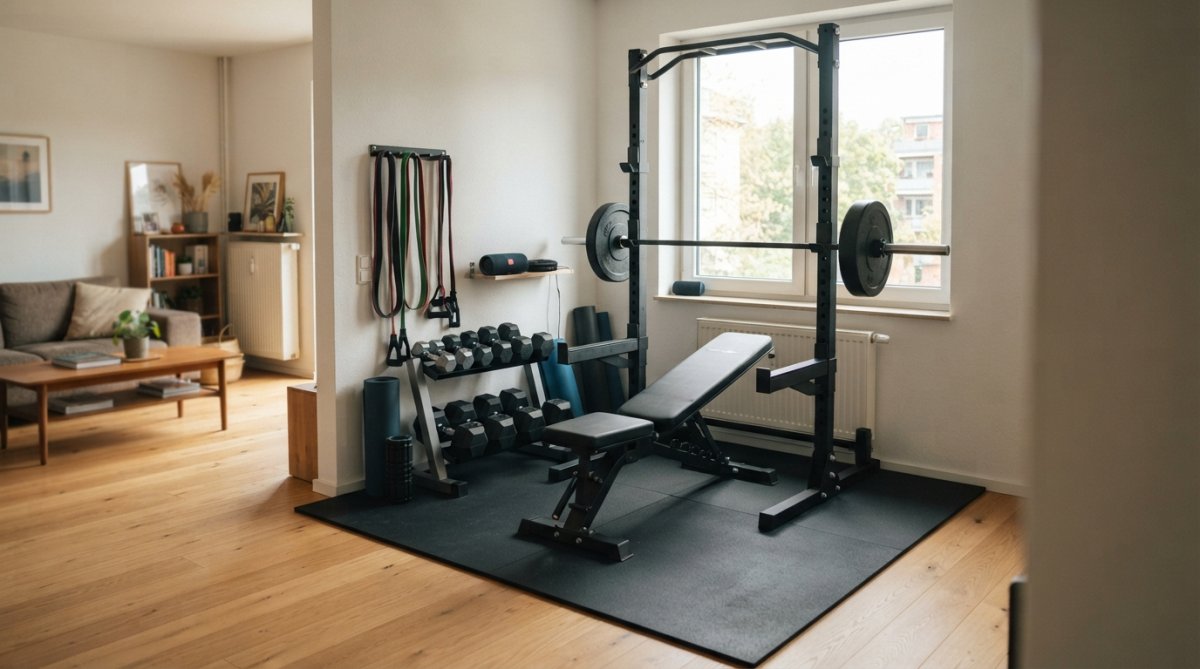 Ein modern eingerichteter Wohnraum mit einem kompletten Heimstudio: Power Rack, verstellbare Hantelbank und Kurzhanteln sind übersichtlich angeordnet, Tageslicht fällt durch ein Fenster, der Raum wirkt aufgeräumt und einladend