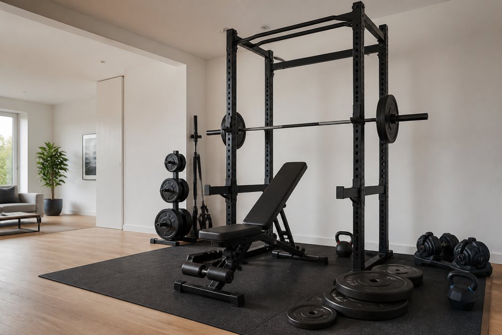 Modernes Heimstudio mit Profi Kraftstation Zuhause, Hantelbank und Gewichten auf einer Bodenmatte in einem hellen Raum.
