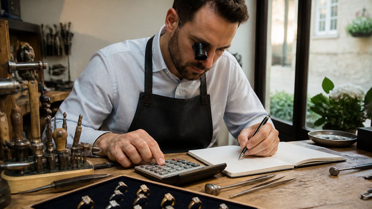 An independent jeweller at a workbench with a calculator, notebook and a magnifying loupe, working through margin figures beside a tray of rings in a softly lit workshop